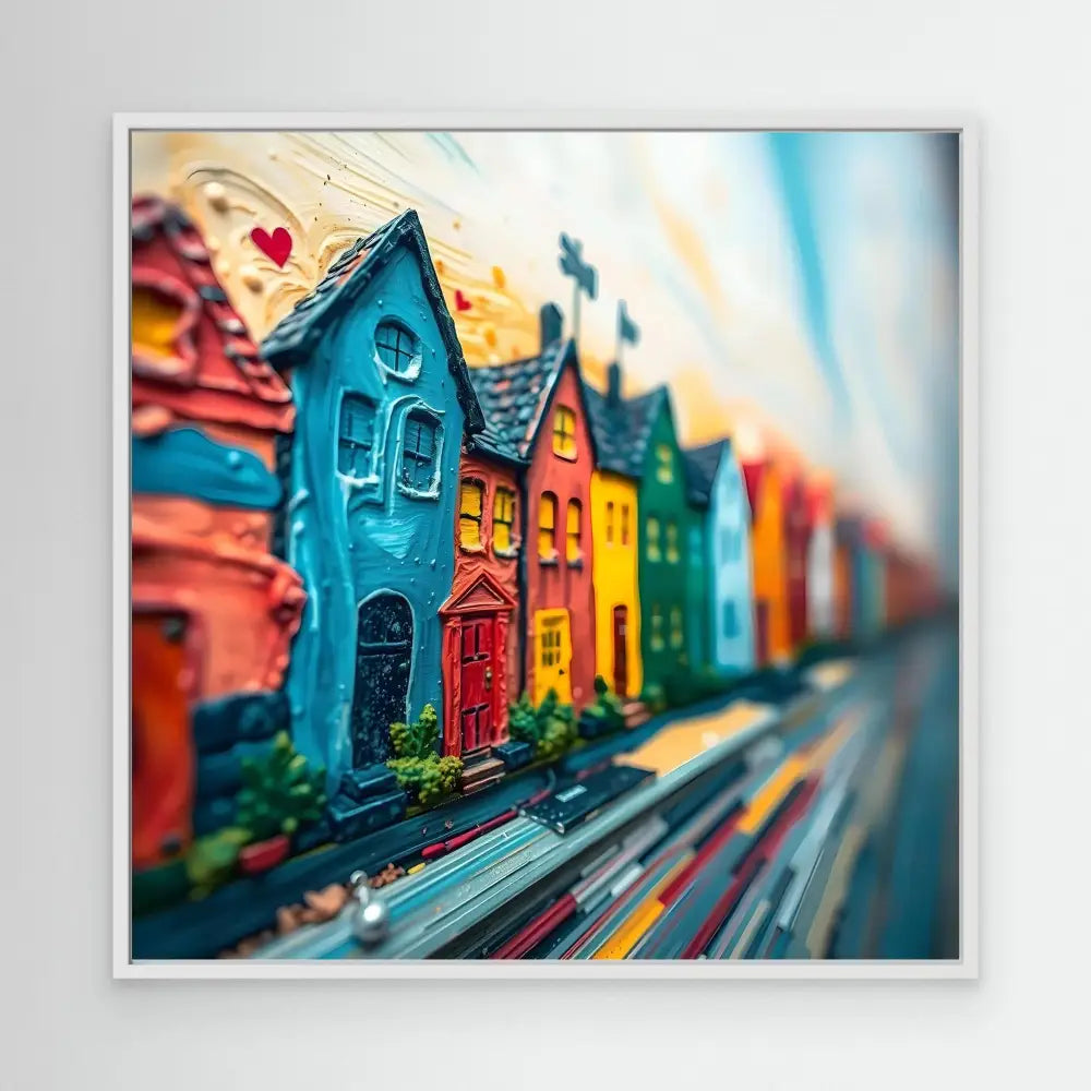 Colorful row of whimsical townhouses with distinctive architectural details.