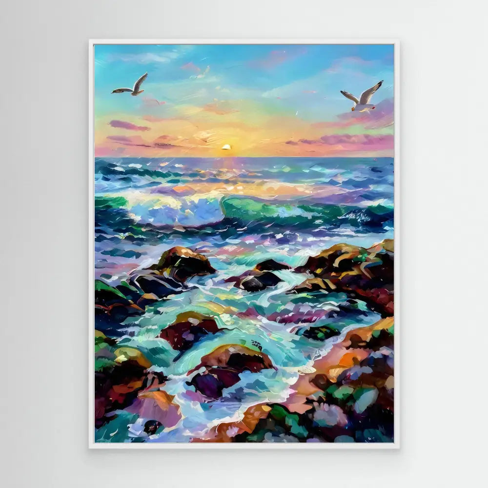 Colorful seascape painting featuring waves crashing against rocky shores at sunset.