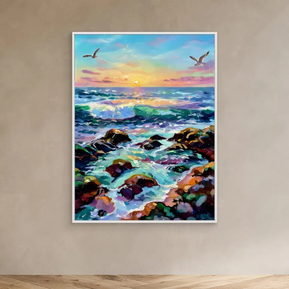 Colorful seascape painting featuring crashing waves against rocky shores at sunset with seagulls overhead.