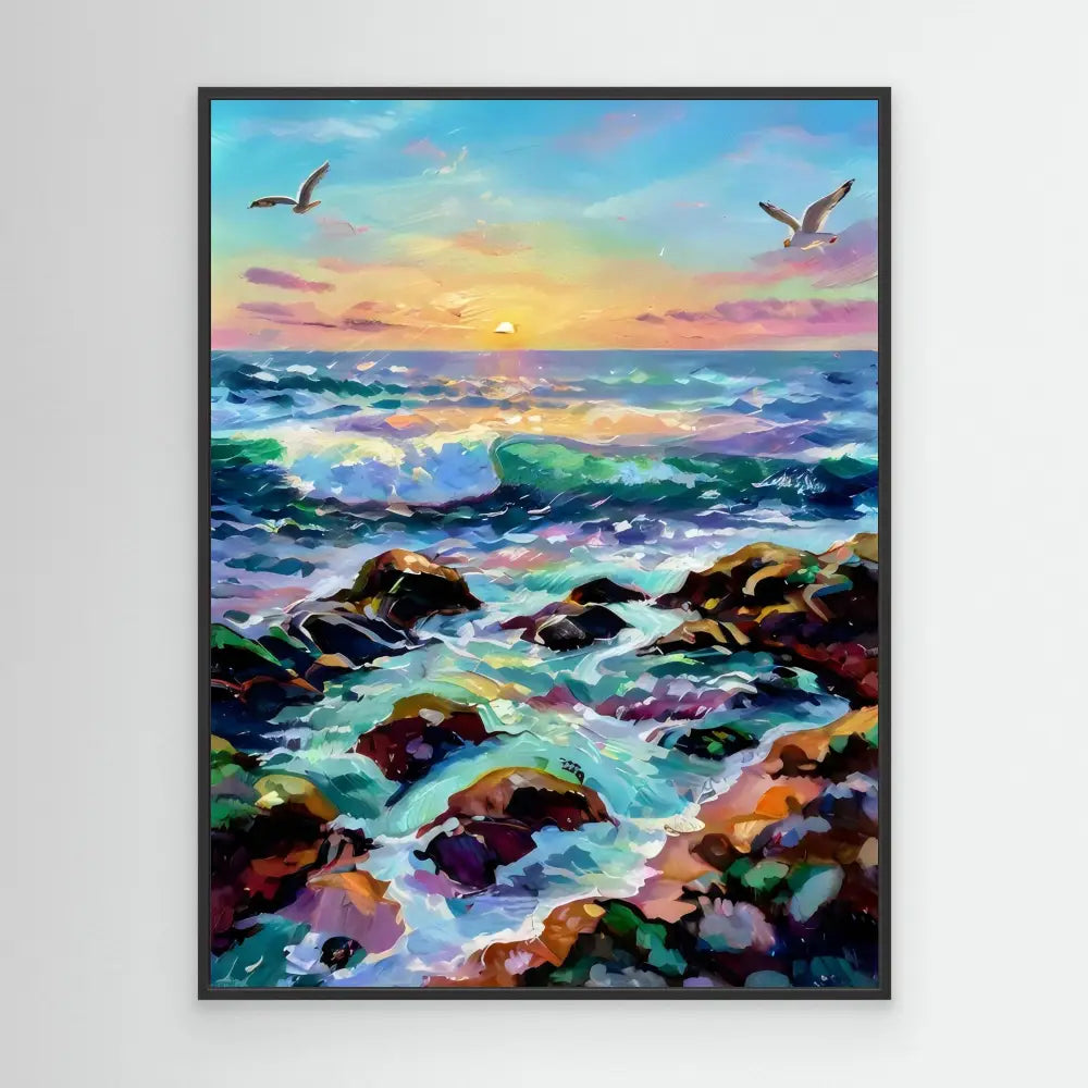 Colorful seascape painting featuring waves crashing against rocky shores at sunset.