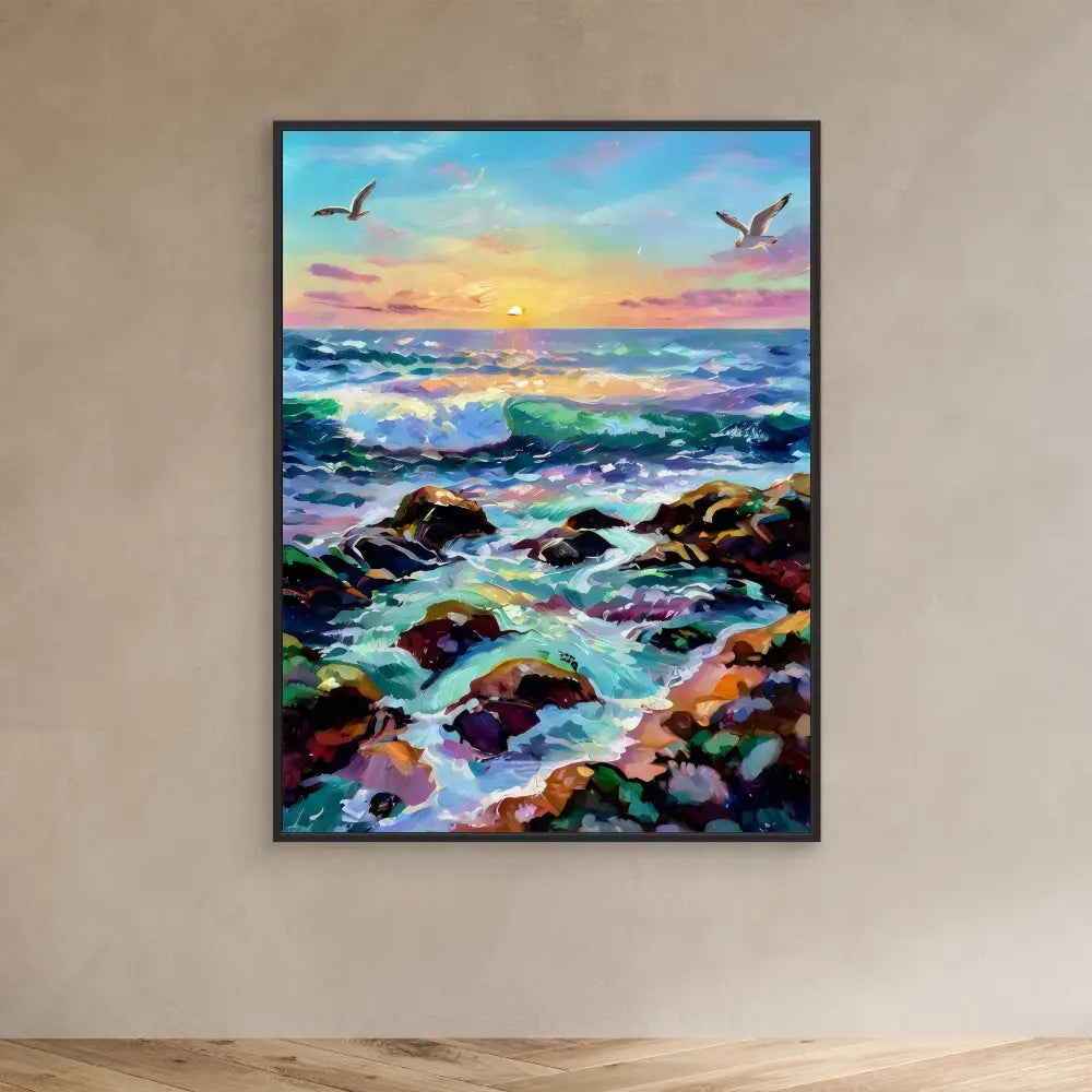 Colorful seascape painting featuring crashing waves over rocky shores with seagulls and a sunset.