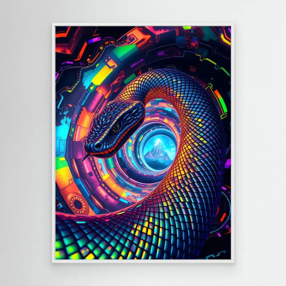 A colorful, spiral snake with iridescent scales surrounded by vibrant musical notes.