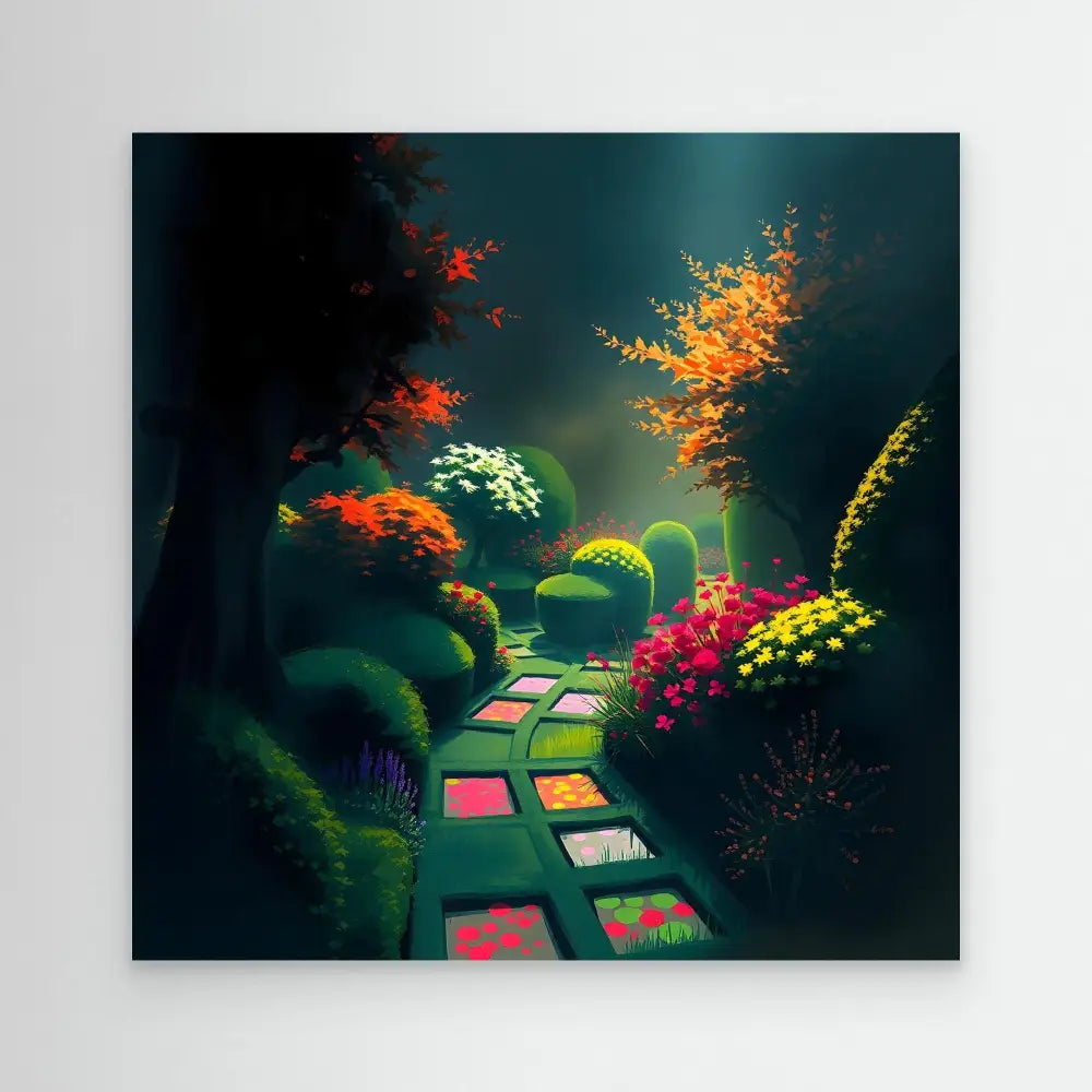 A colorful stepping stone path winding through glowing fantasy foliage.