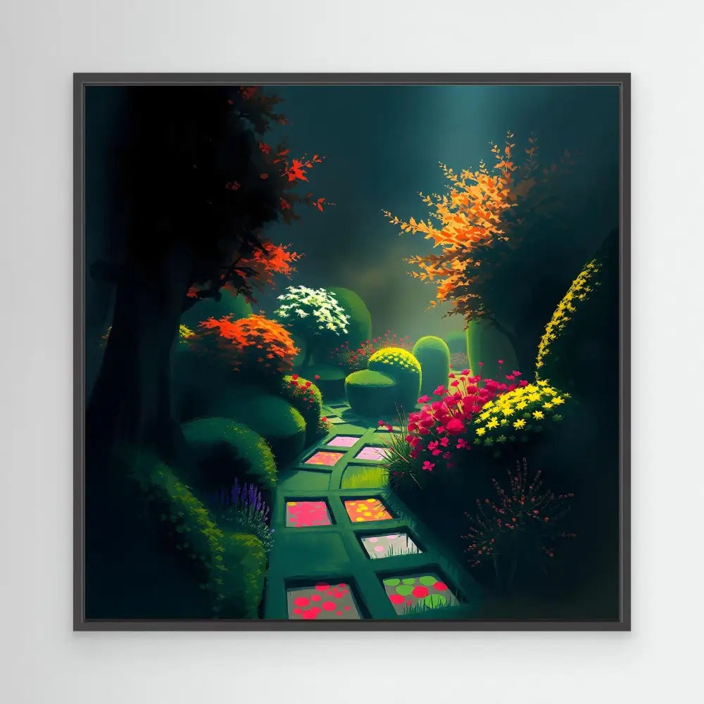 A colorful stepping stone path winding through vibrant fantasy foliage.