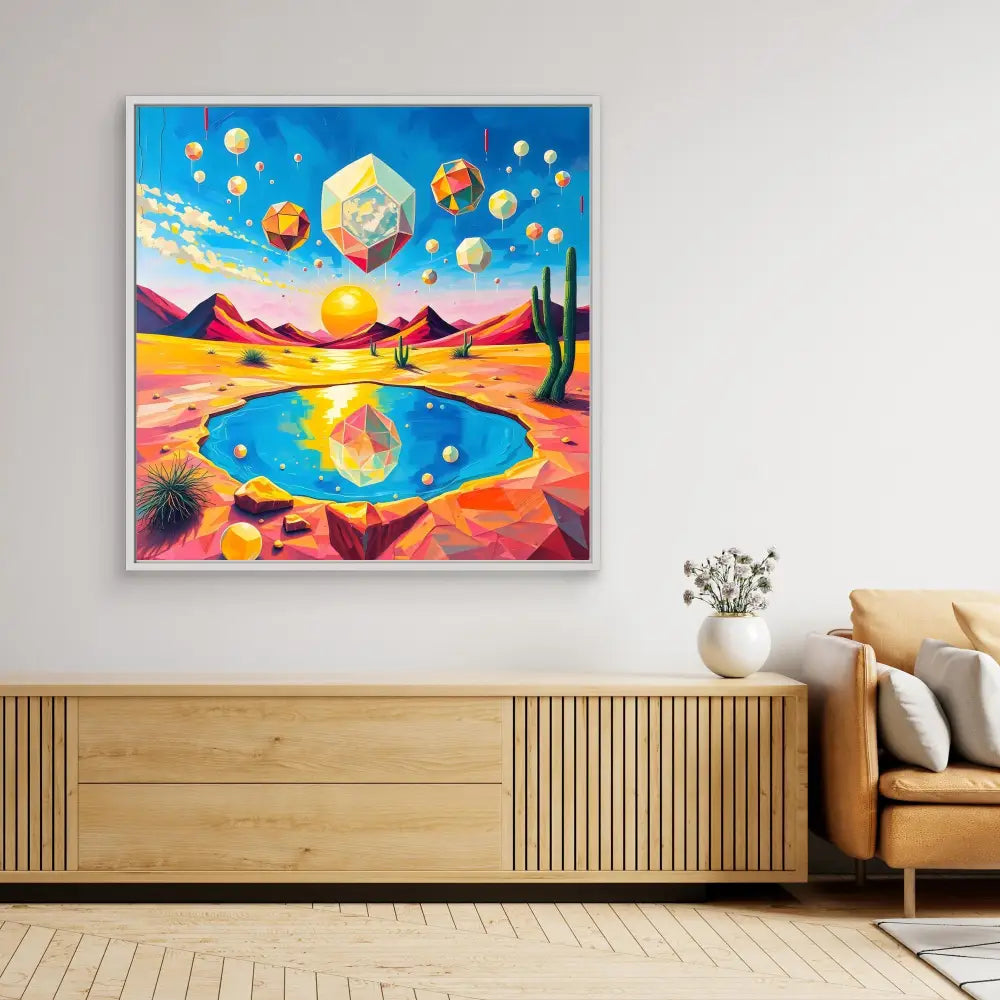 Colorful surreal artwork featuring hot air balloons floating over a desert oasis at sunset.