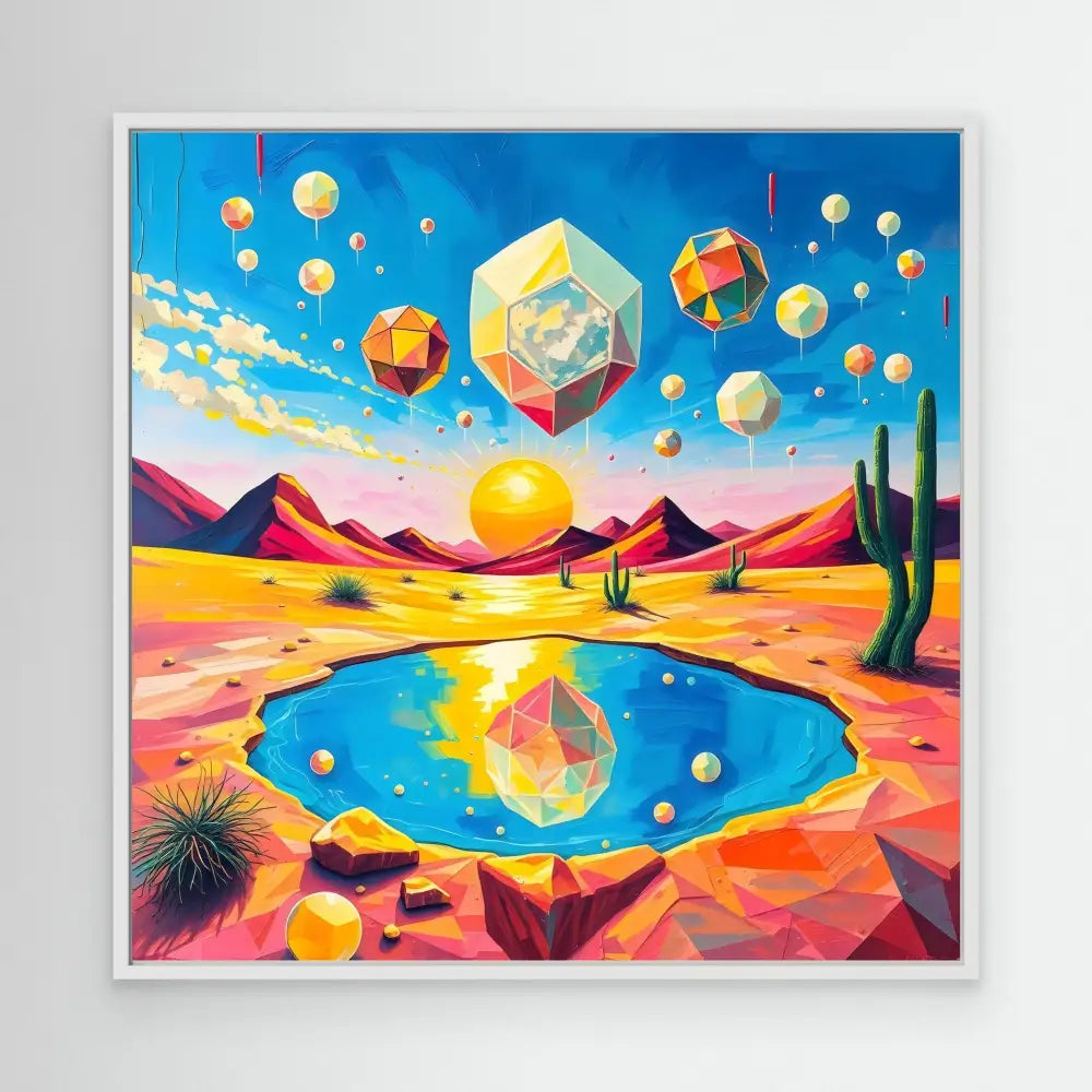 Colorful surreal painting featuring geometric crystals floating above a desert oasis.