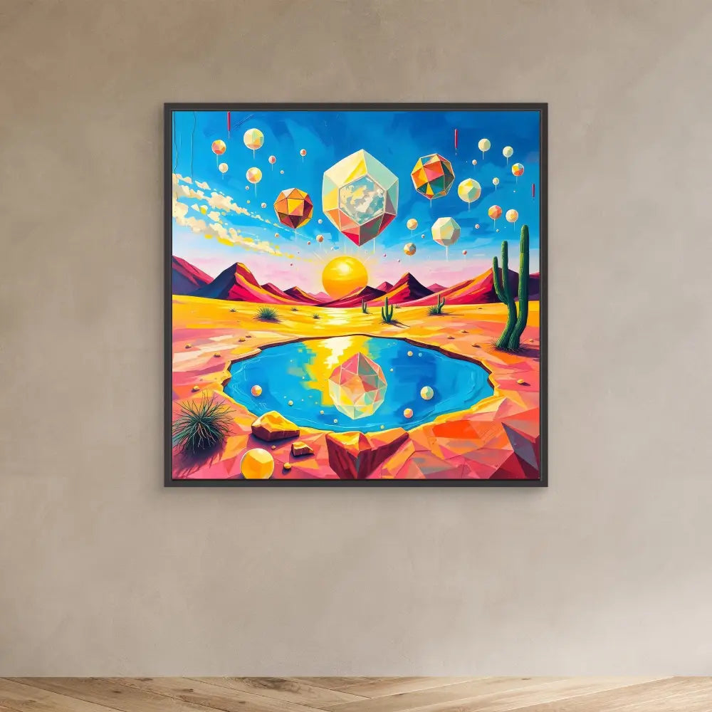 Colorful surreal painting featuring floating geometric shapes above a desert landscape with a reflective pool.