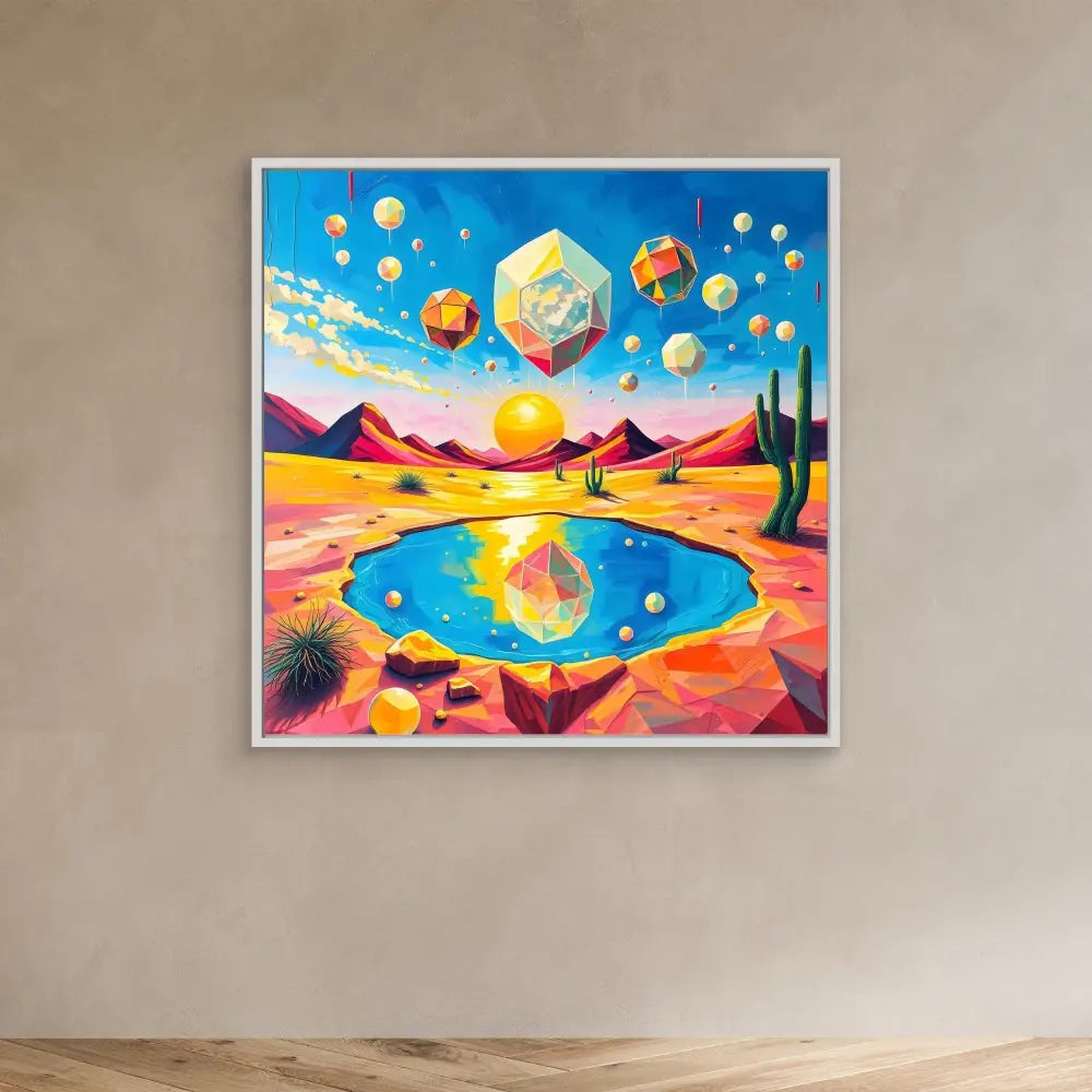 Colorful surreal painting featuring geometric shapes floating above a desert oasis at sunset.