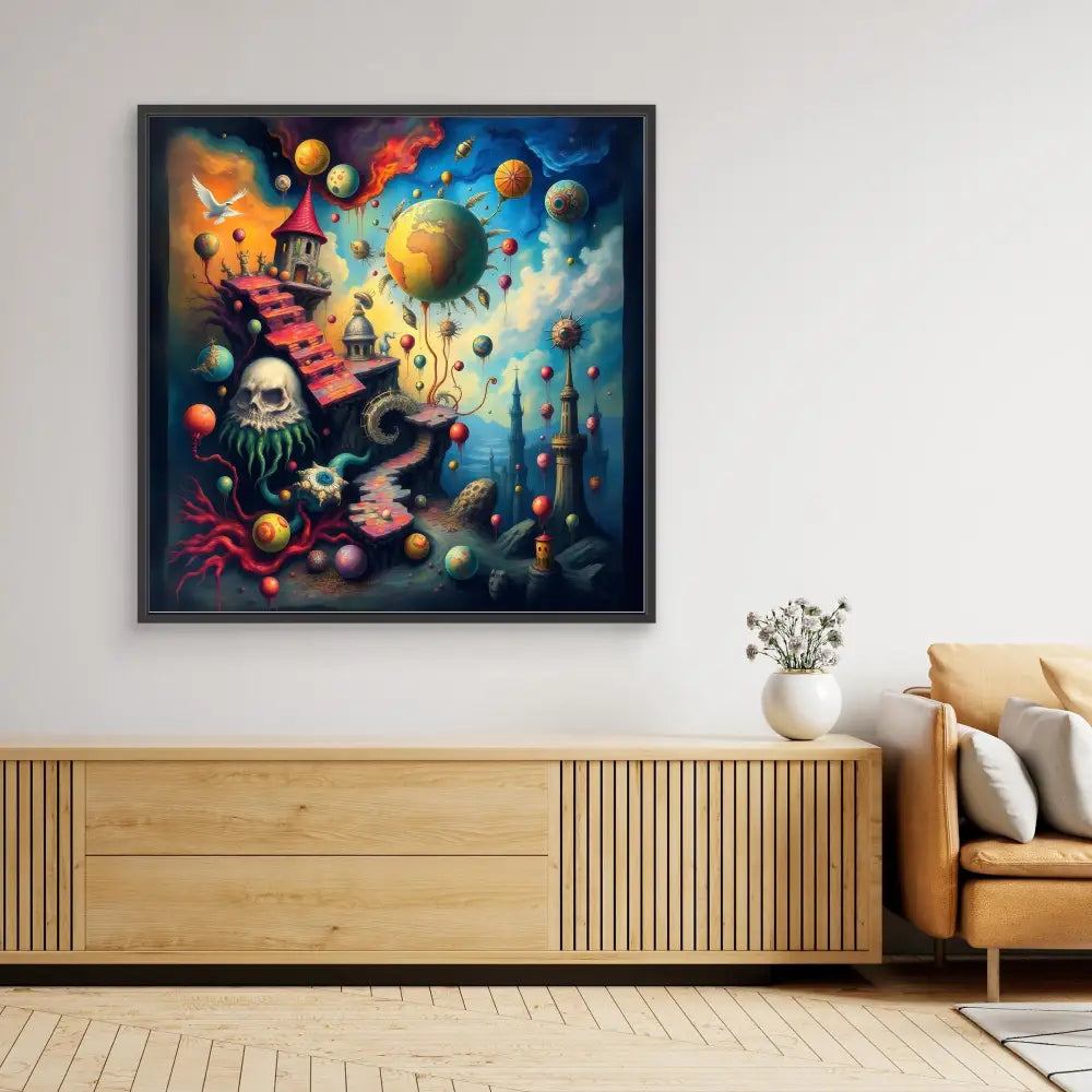 Colorful surreal space-themed artwork featuring planets, skulls, and mystical elements in a square frame.