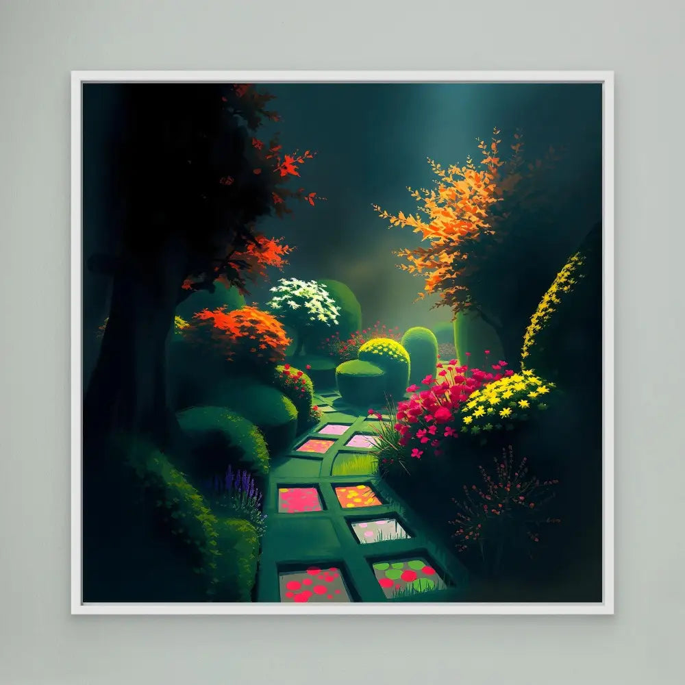 A colorful tiled pathway winding through a magical garden.