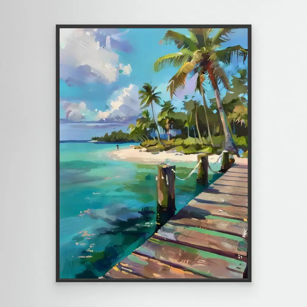 Colorful tropical beach painting featuring a wooden boardwalk alongside turquoise waters and palm trees.