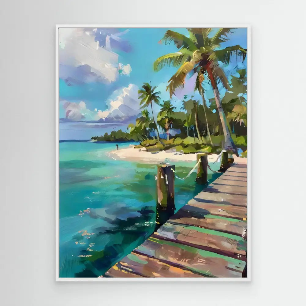 Colorful tropical beach painting featuring a wooden boardwalk with posts along turquoise waters and palm trees.