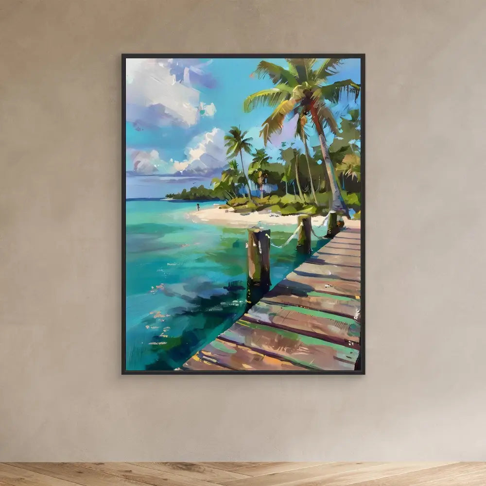 Colorful tropical beach painting featuring a wooden boardwalk alongside turquoise waters and palm trees.