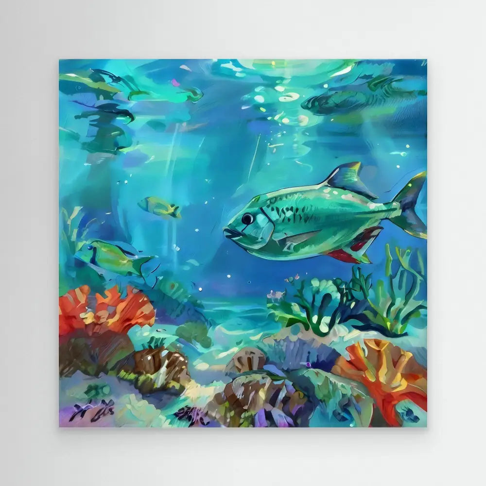 Colorful underwater painting featuring tropical fish swimming among coral reefs.