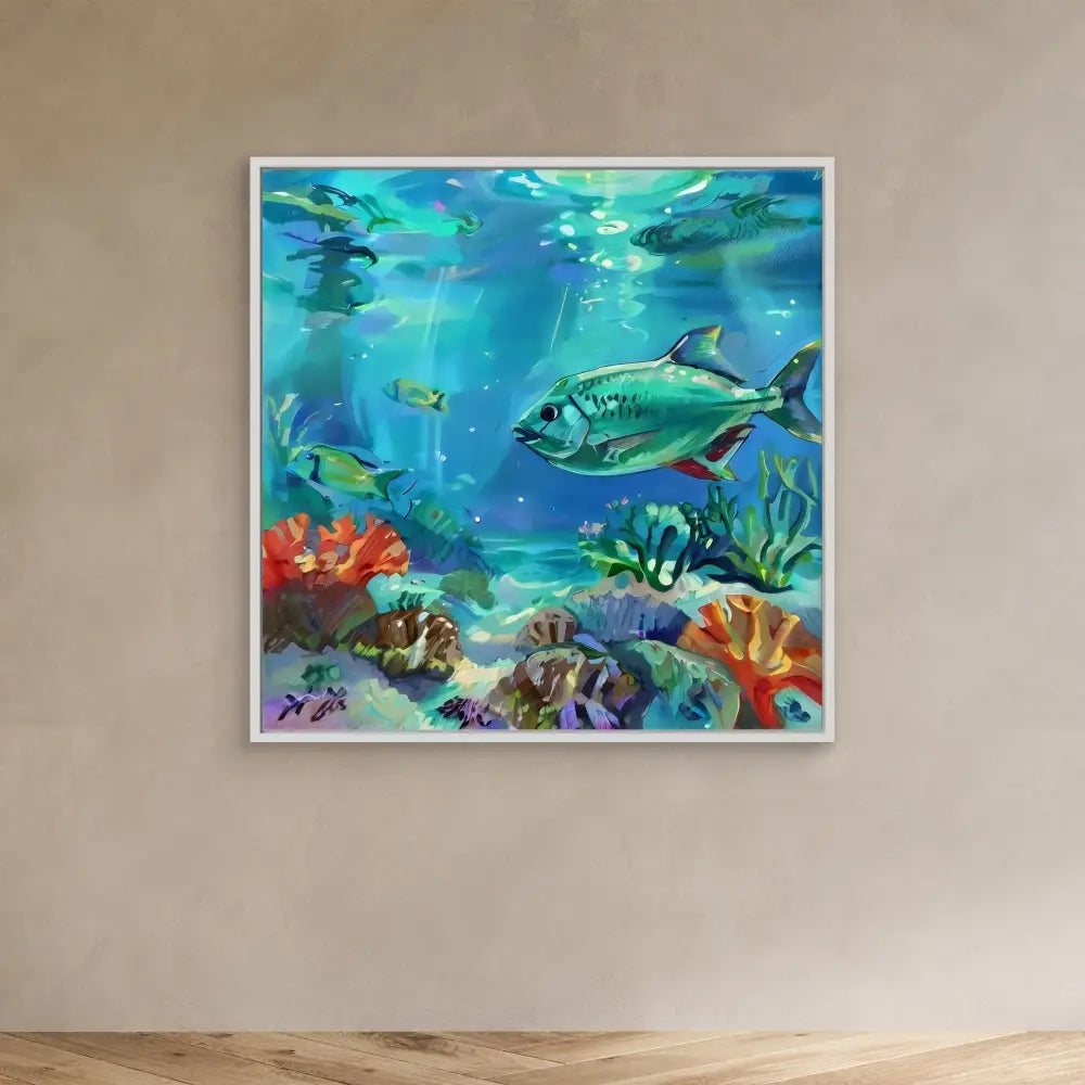 Colorful underwater painting featuring tropical fish and coral reef.