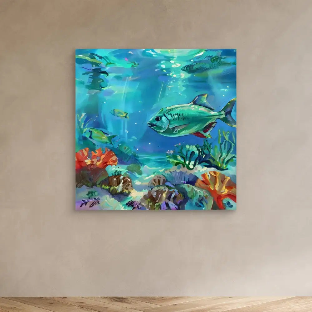 Colorful underwater painting featuring tropical fish and coral reef.