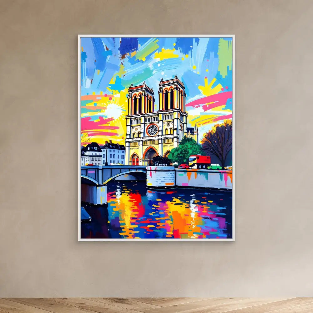 Colorful, vibrant painting of Notre-Dame Cathedral in Paris with reflections in the Seine River.