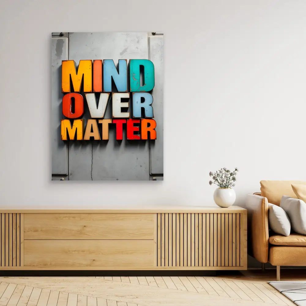 Colorful wall art displaying the text ’MIND OVER MATTER’ in bold letters.