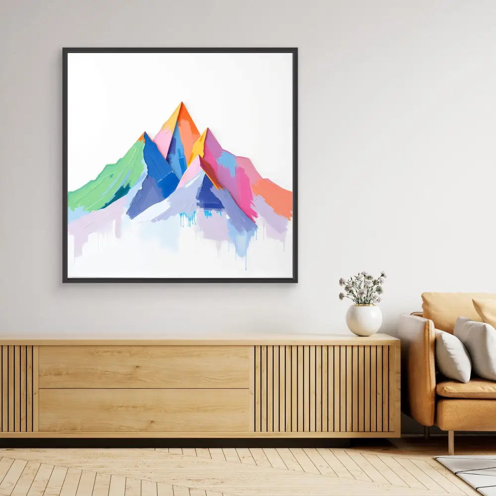 Colorful watercolor mountain painting in a black frame.