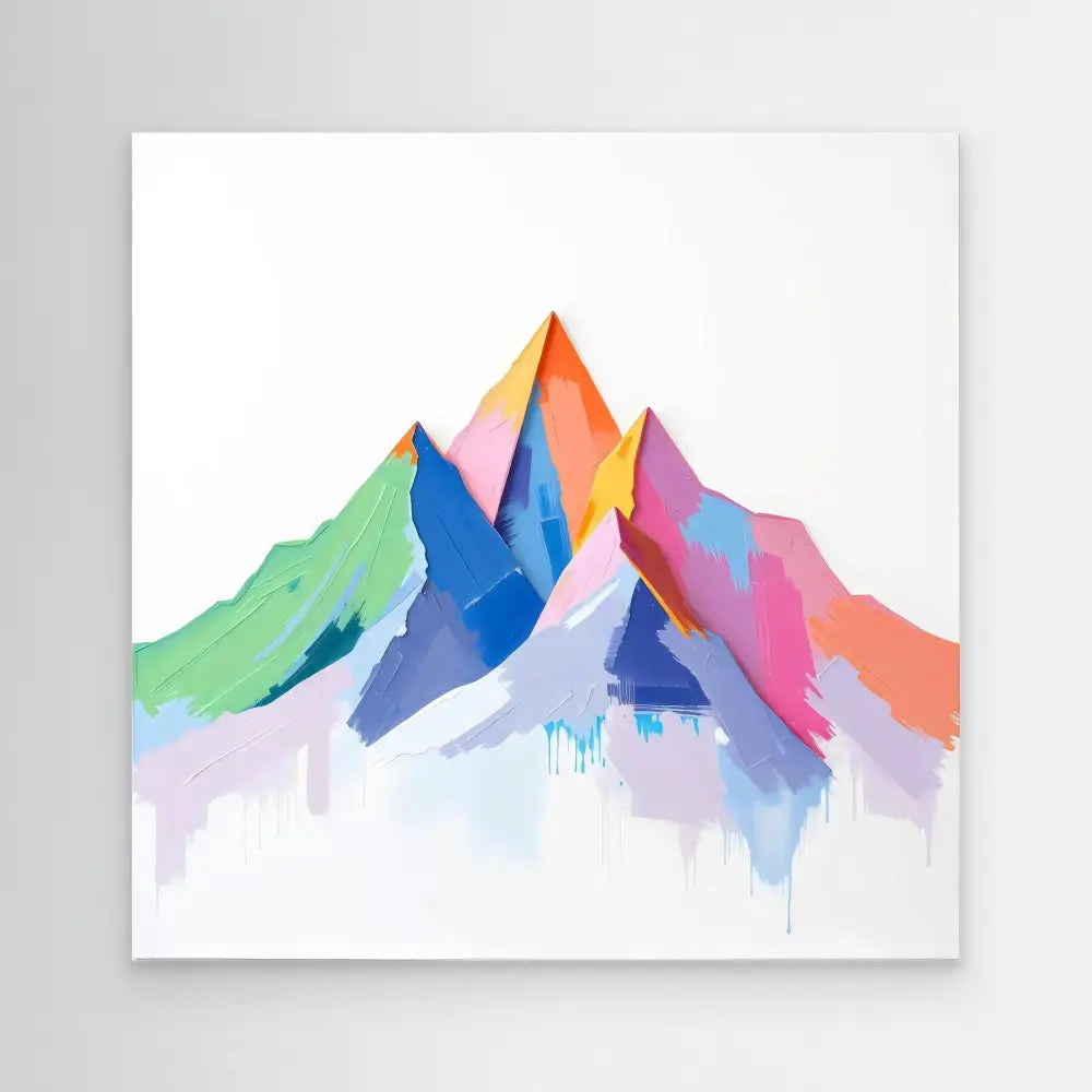 Colorful watercolor mountain peaks painted in vibrant blues, pinks, oranges and greens.