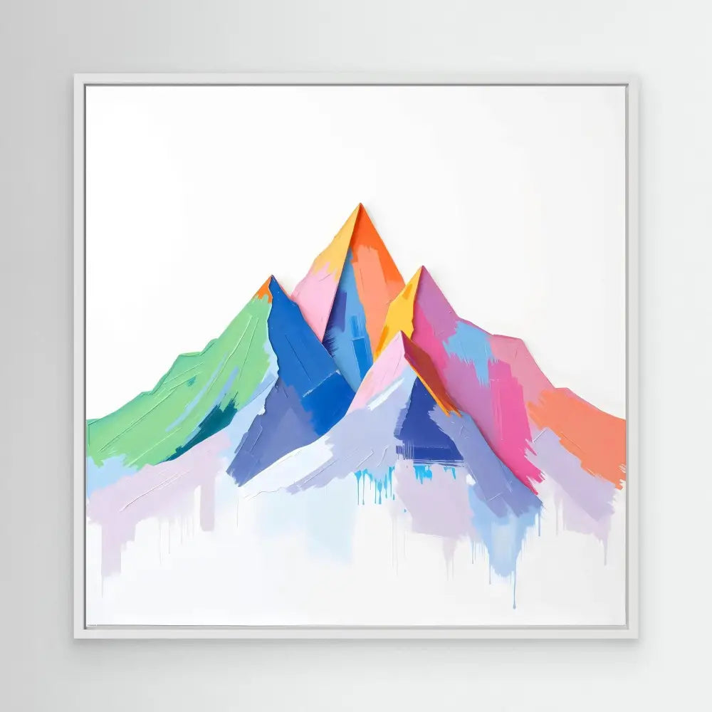 Colorful watercolor mountain peaks painted in vibrant blues, pinks, oranges and greens.