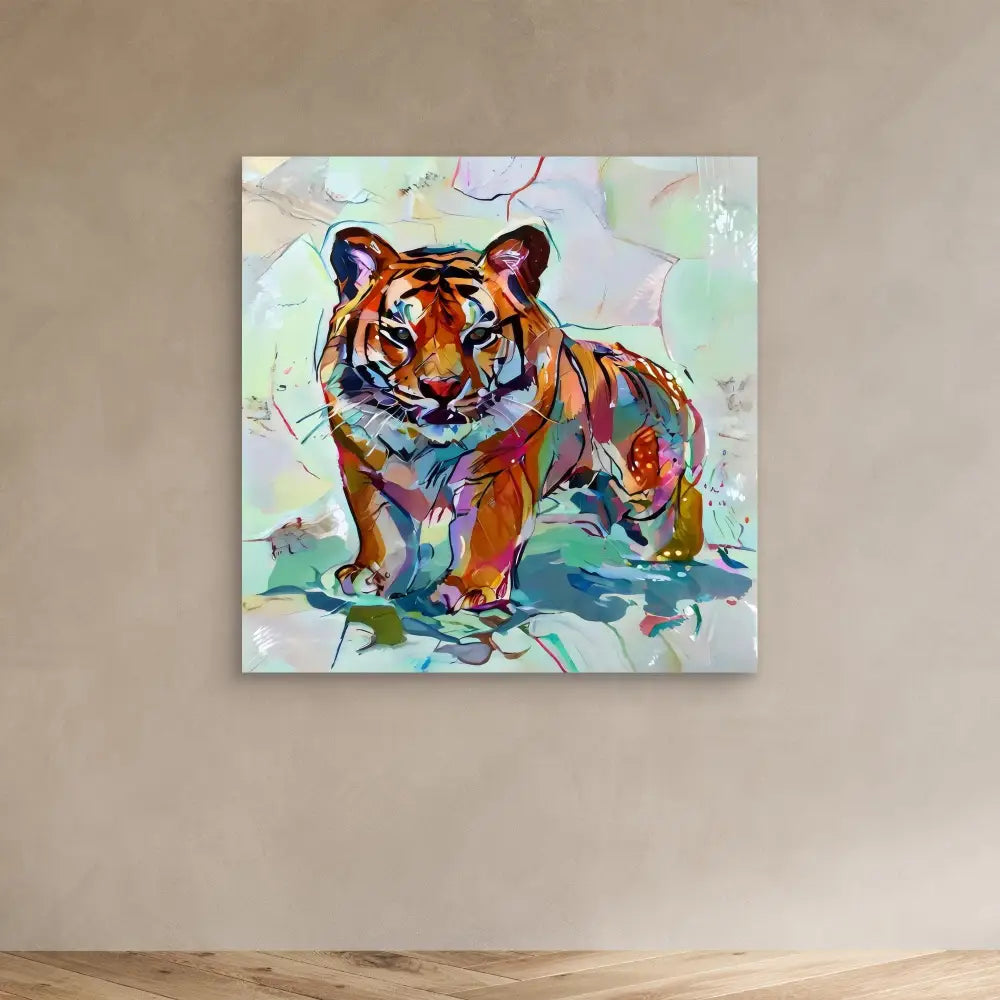 Colorful watercolor painting of a tiger with vibrant orange, blue and purple hues.