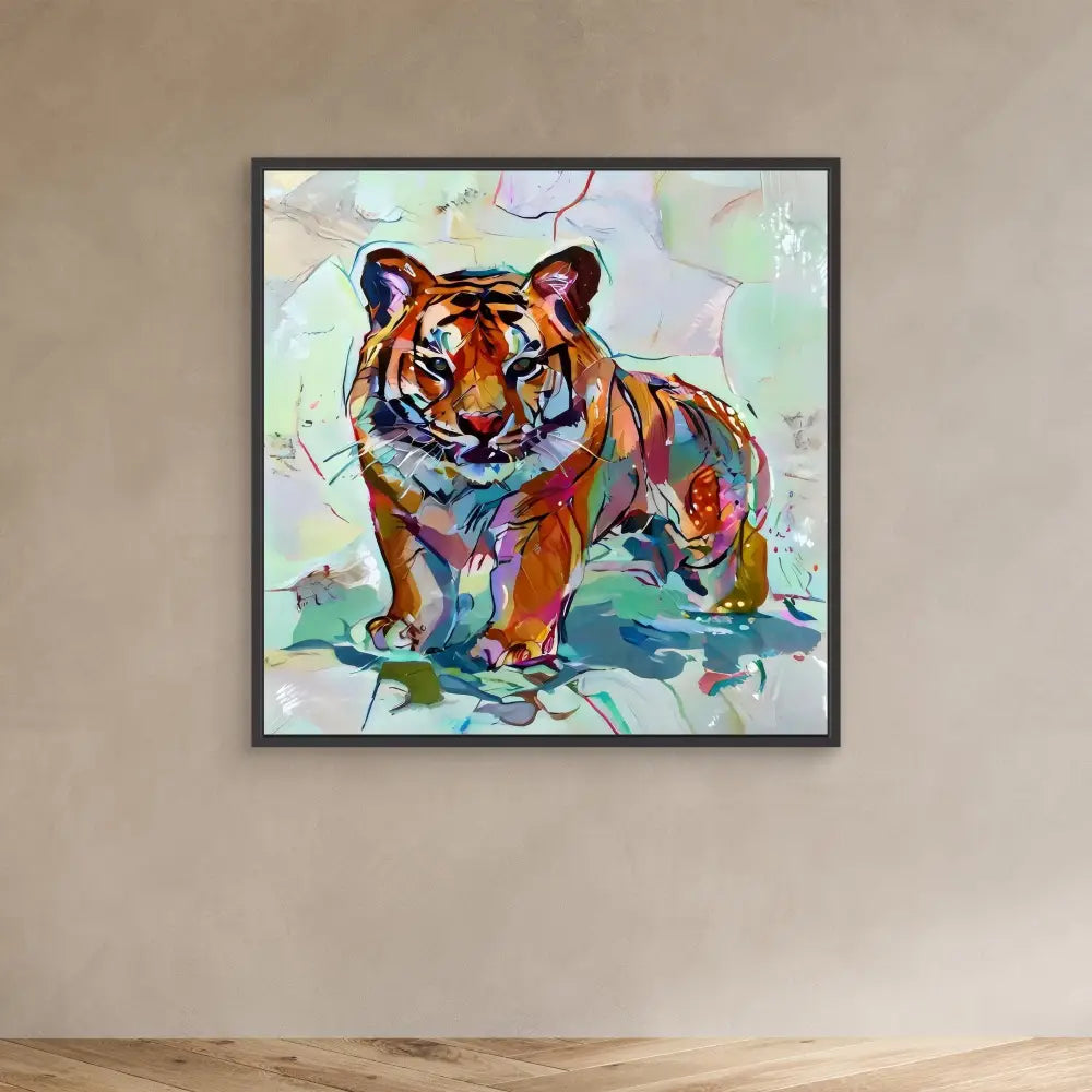 Colorful watercolor-style painting of a tiger with vibrant orange, blue and purple hues.