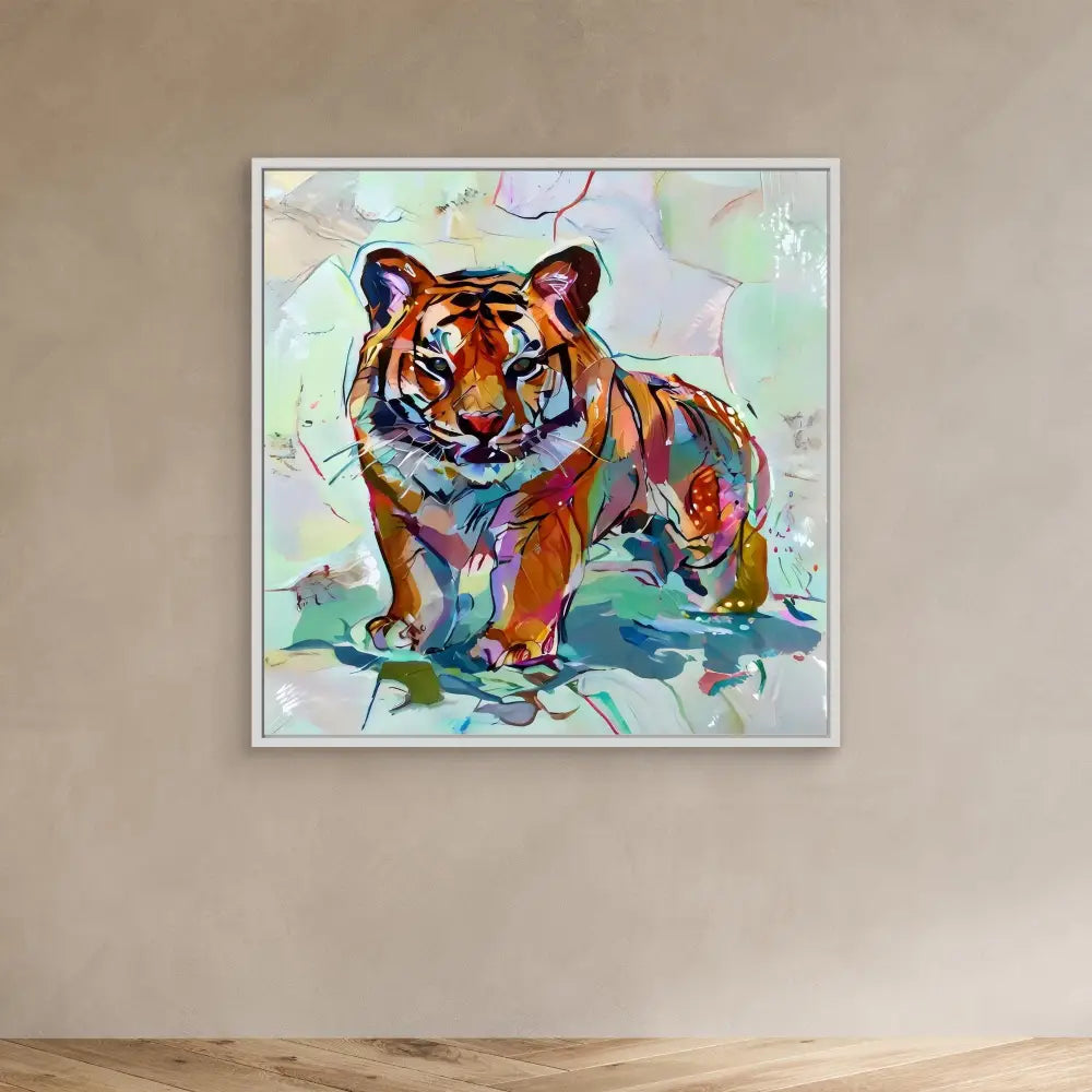 Colorful watercolor-style painting of a tiger with vibrant orange, blue and purple hues.