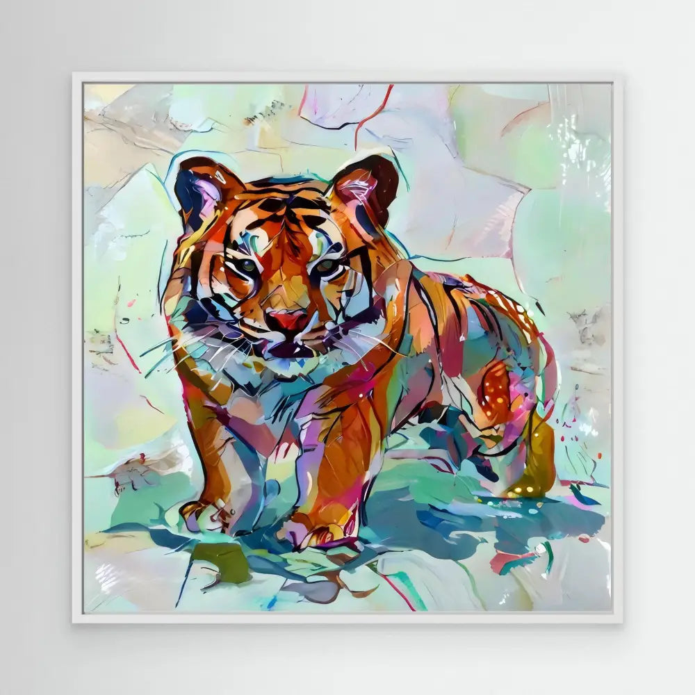 Colorful watercolor-style tiger painted with bold brushstrokes and vibrant hues.