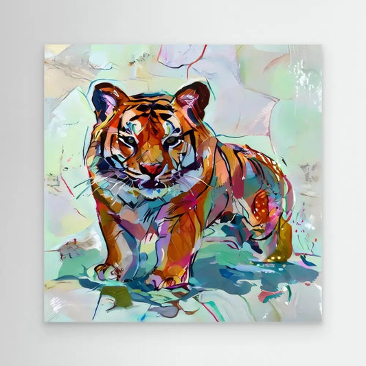 Colorful watercolor-style tiger painted with vibrant brushstrokes and swirling patterns.