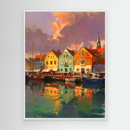 Colorful waterfront houses with boats docked along a harbor at sunset.