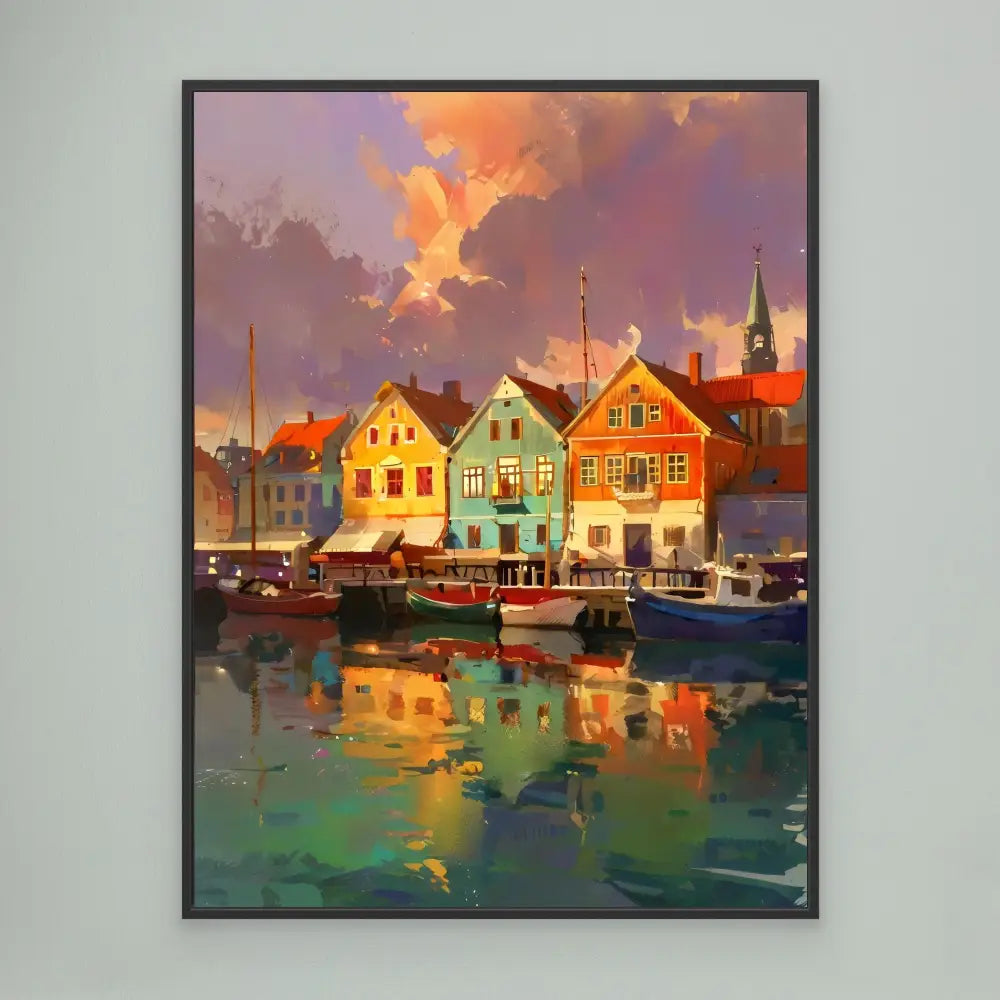 Colorful waterfront houses with boats reflected in a harbor at sunset.