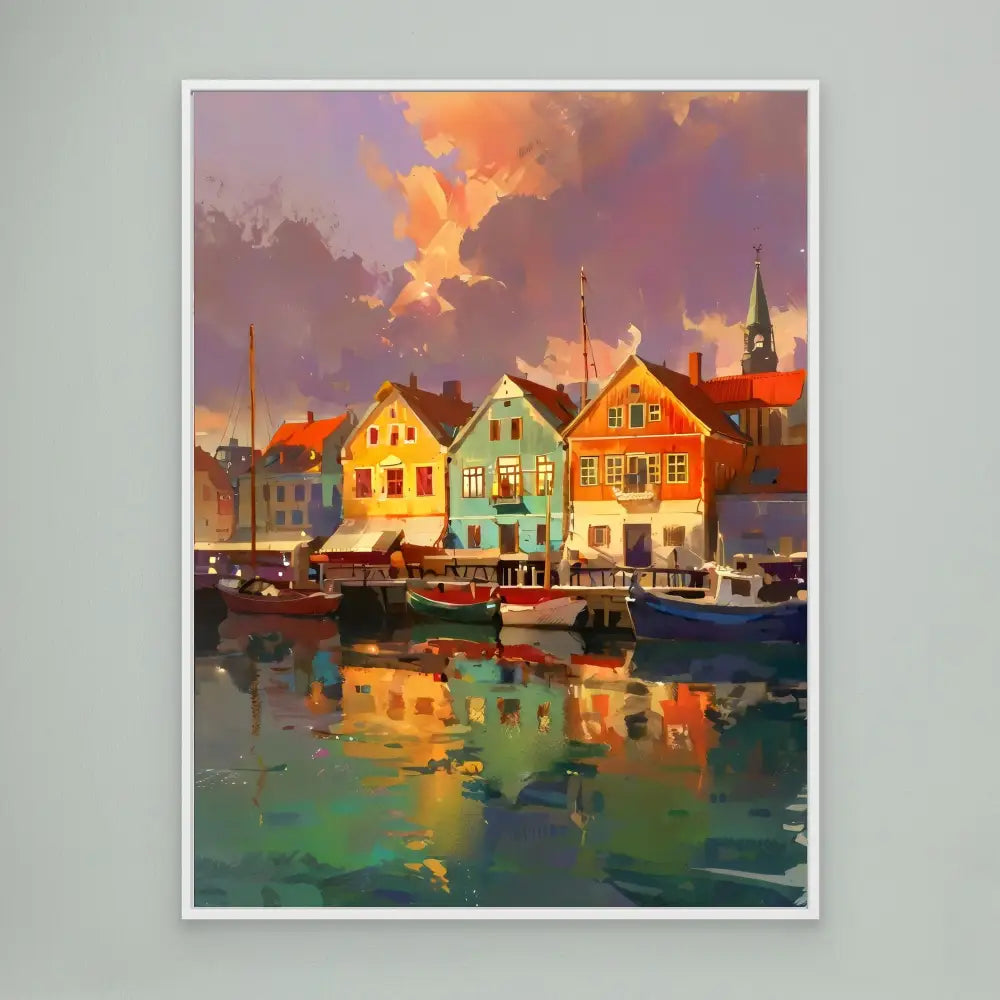 Colorful waterfront houses with boats reflected in the harbor water.