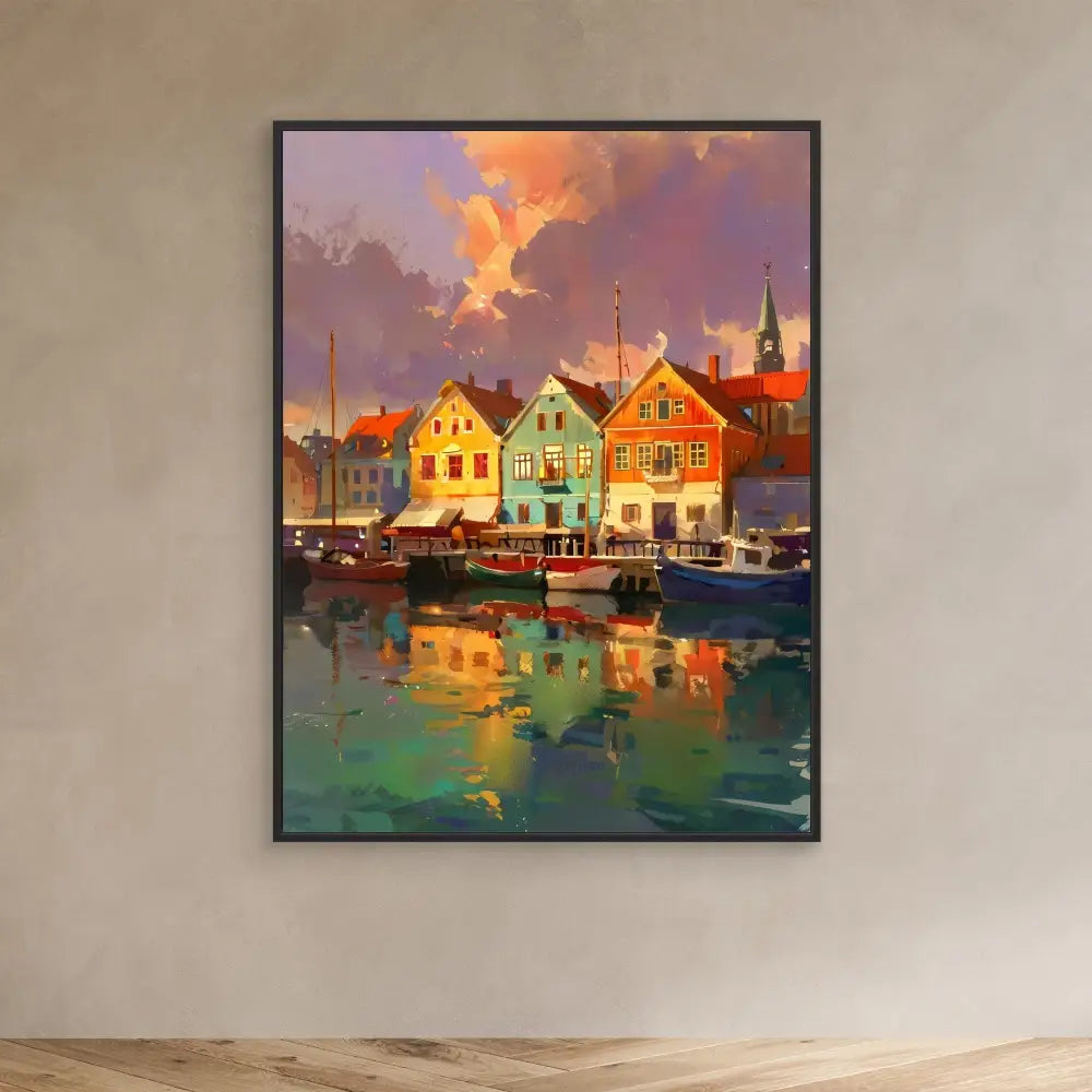 Colorful waterfront houses with reflections in a harbor at sunset.