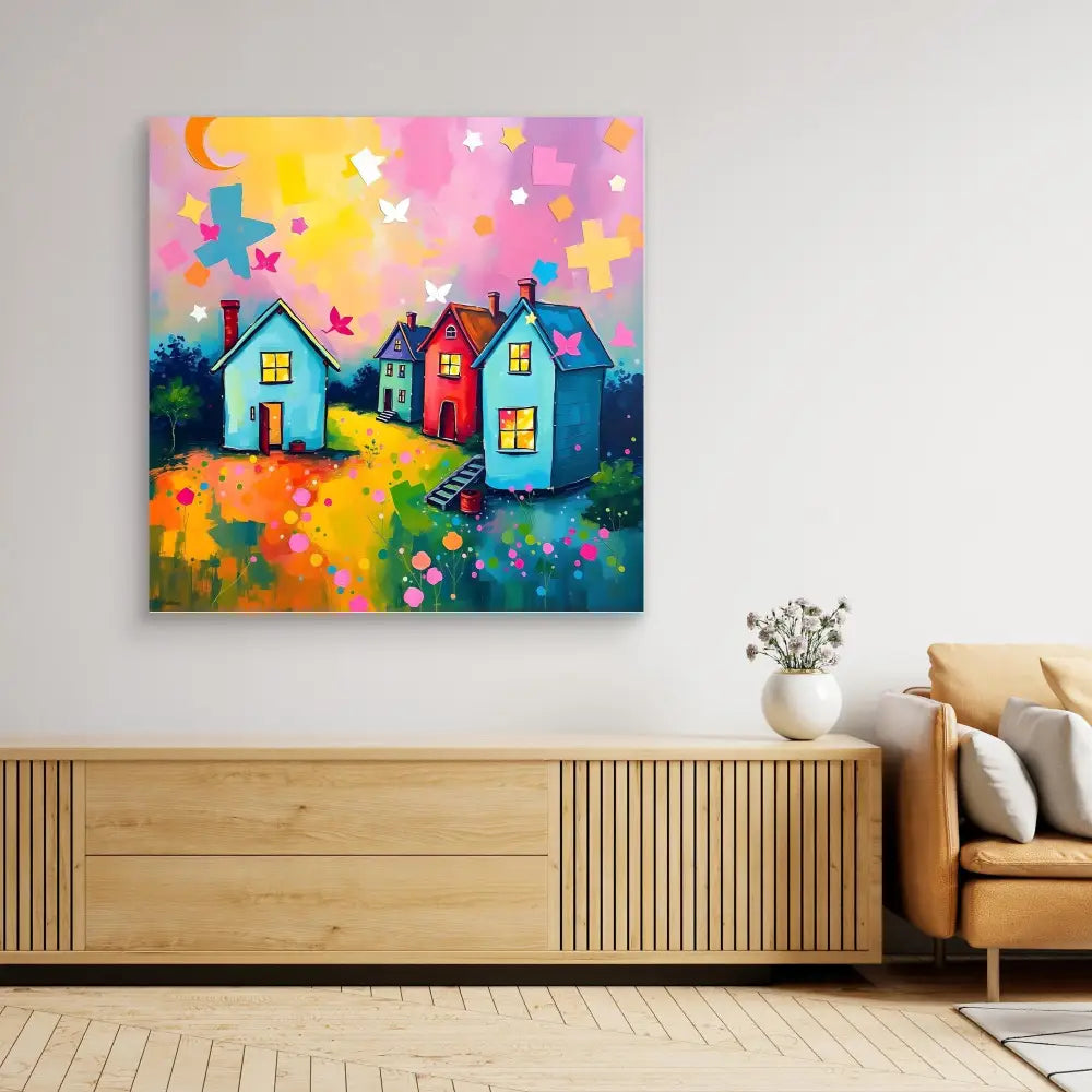 Colorful whimsical painting of houses with butterflies and flowers under a vibrant sunset sky.