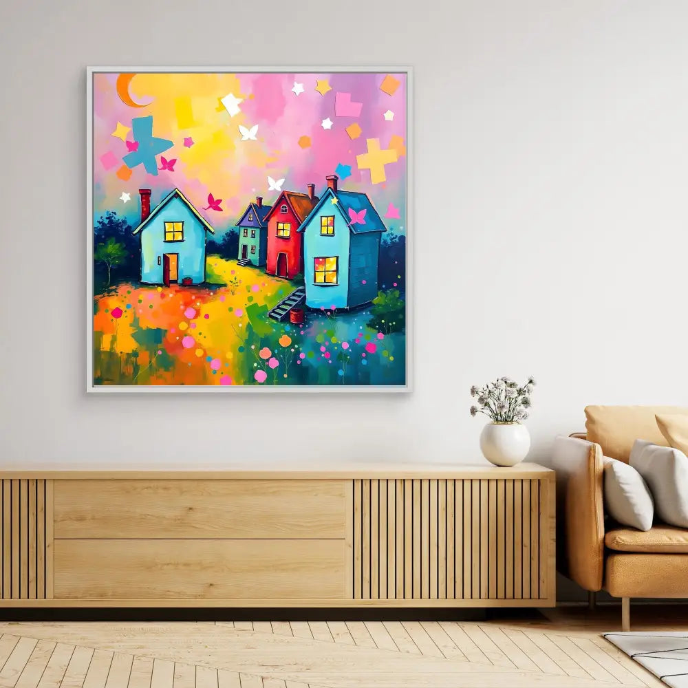 Colorful whimsical painting of houses with butterflies under a vibrant sunset sky.