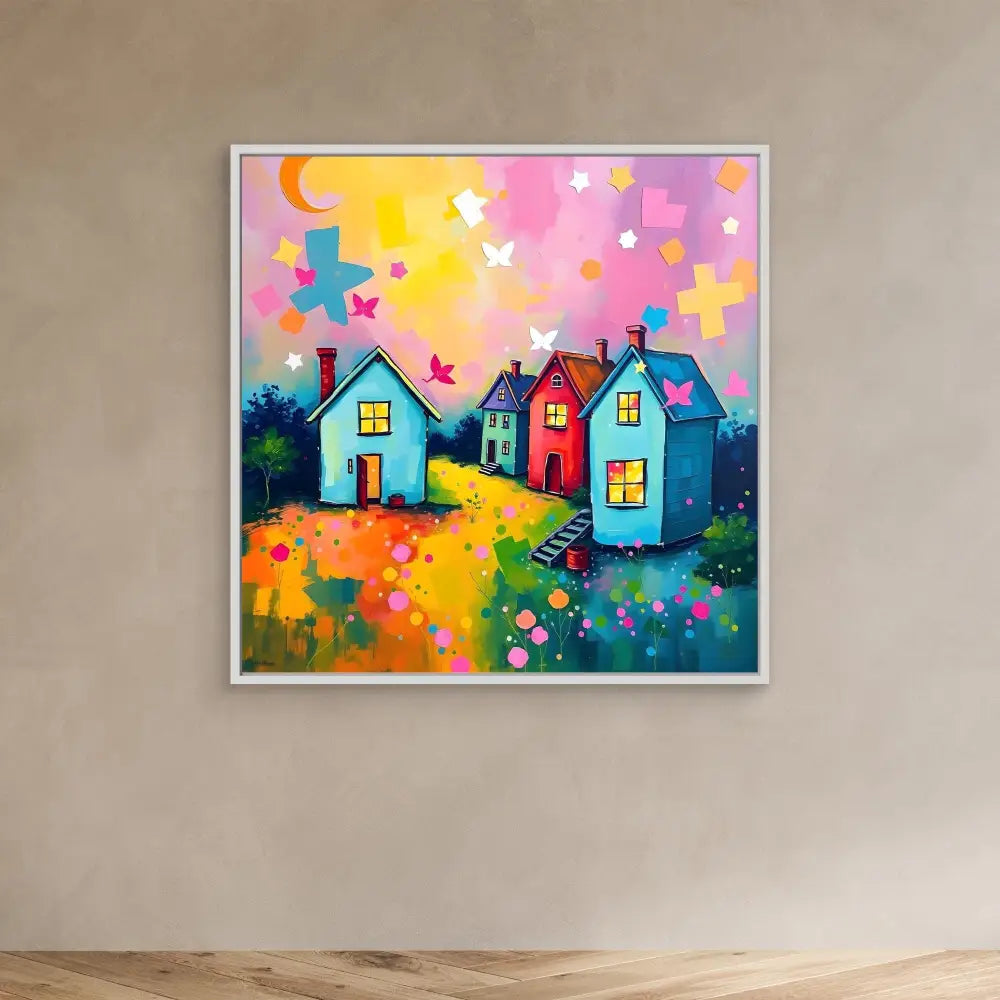 Colorful whimsical painting of houses with stars and flowers in vibrant pinks, yellows and blues.