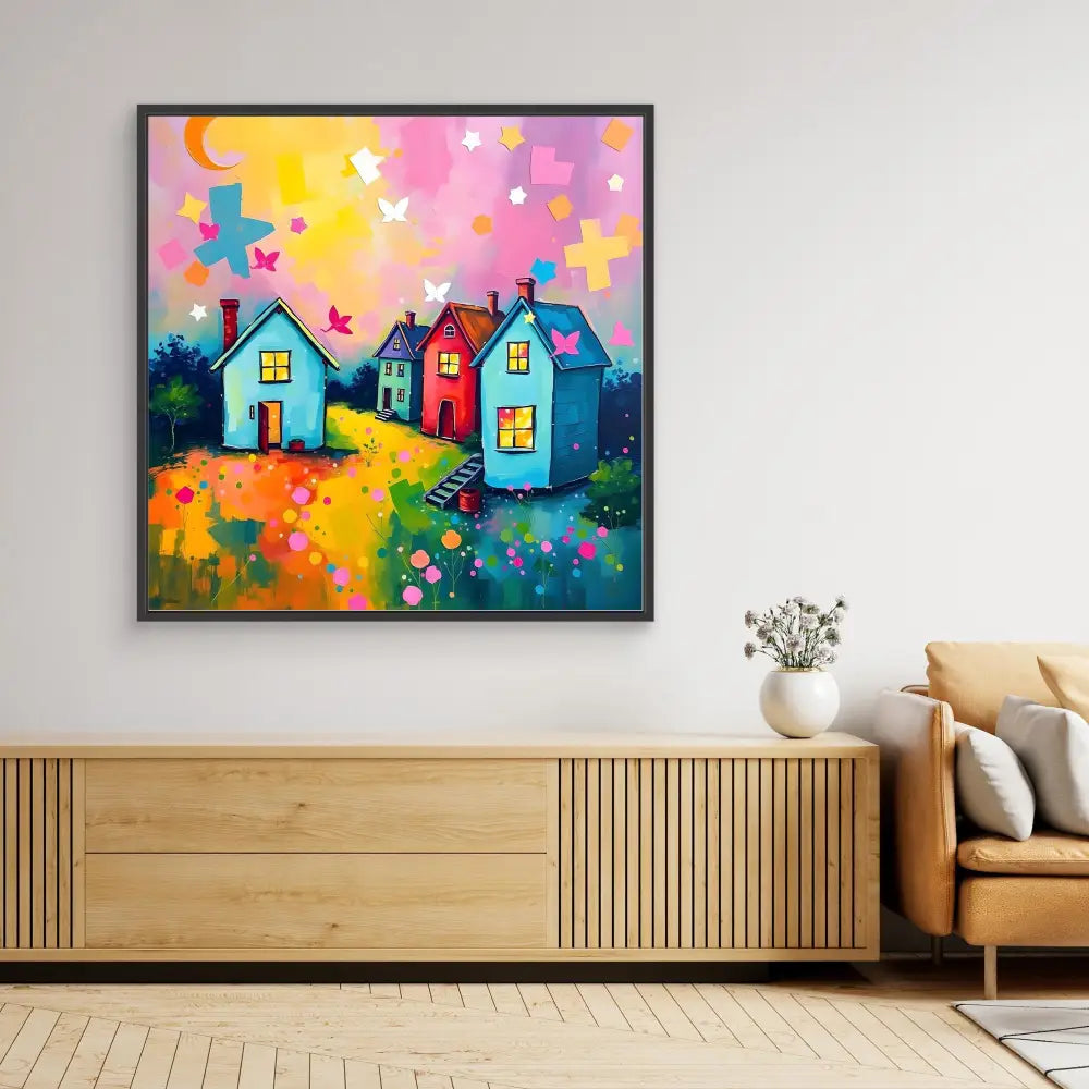 Colorful whimsical painting of houses with a vibrant sunset sky and scattered flowers.