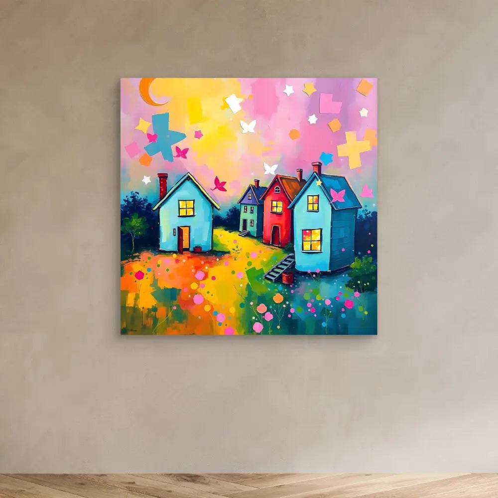 Colorful whimsical painting of houses with glowing windows under a starry sky.