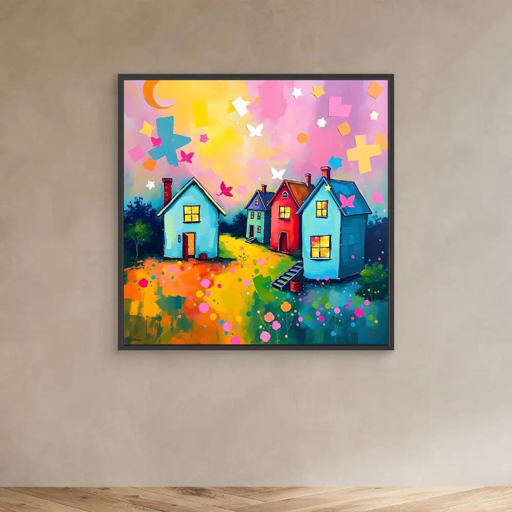 Colorful whimsical painting of houses with glowing windows under a starry sky.