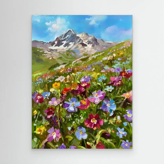 Colorful wildflowers blooming on an alpine meadow.