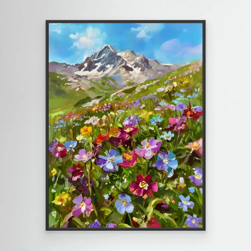 Colorful wildflowers blooming on an alpine meadow.