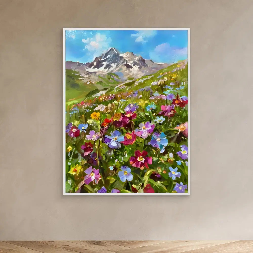 Colorful wildflowers blooming on an alpine meadow beneath mountain peaks.