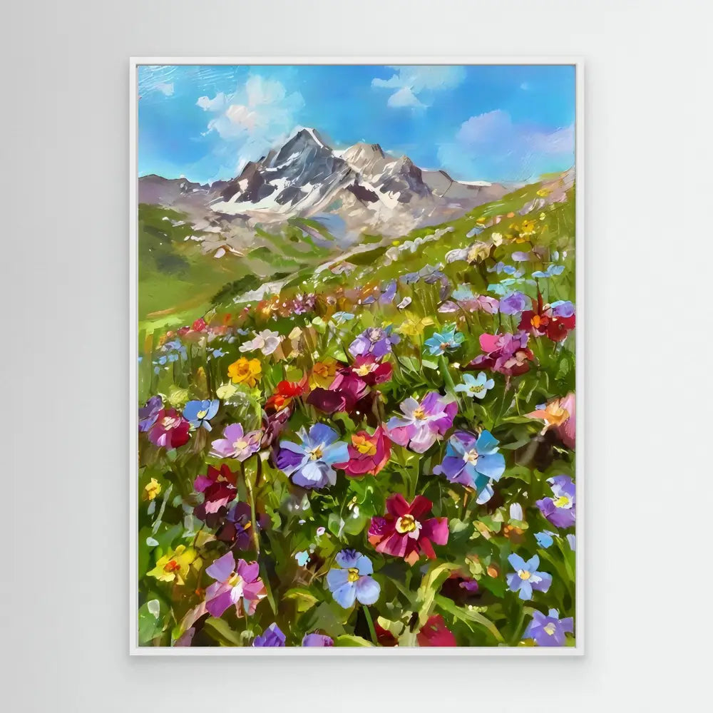 Colorful wildflowers blooming on an alpine meadow beneath a mountain peak.