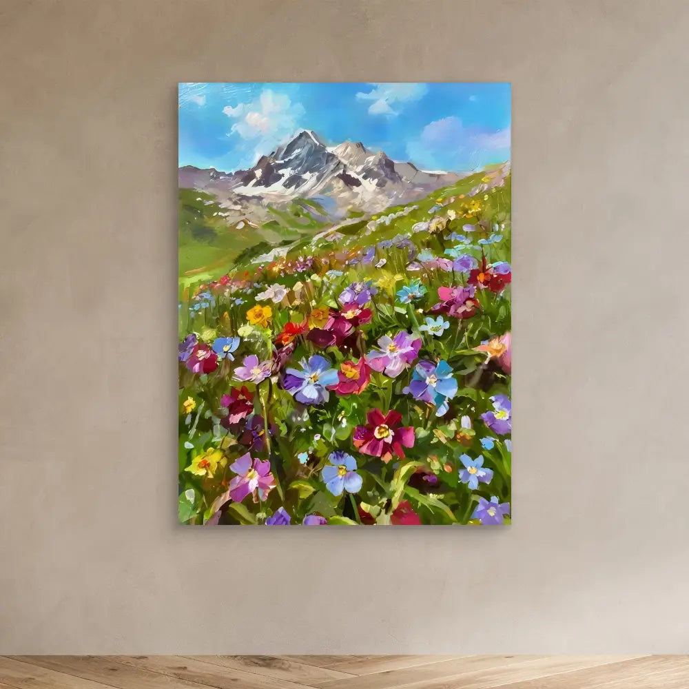 Colorful wildflowers bloom in an alpine meadow beneath a mountain peak.