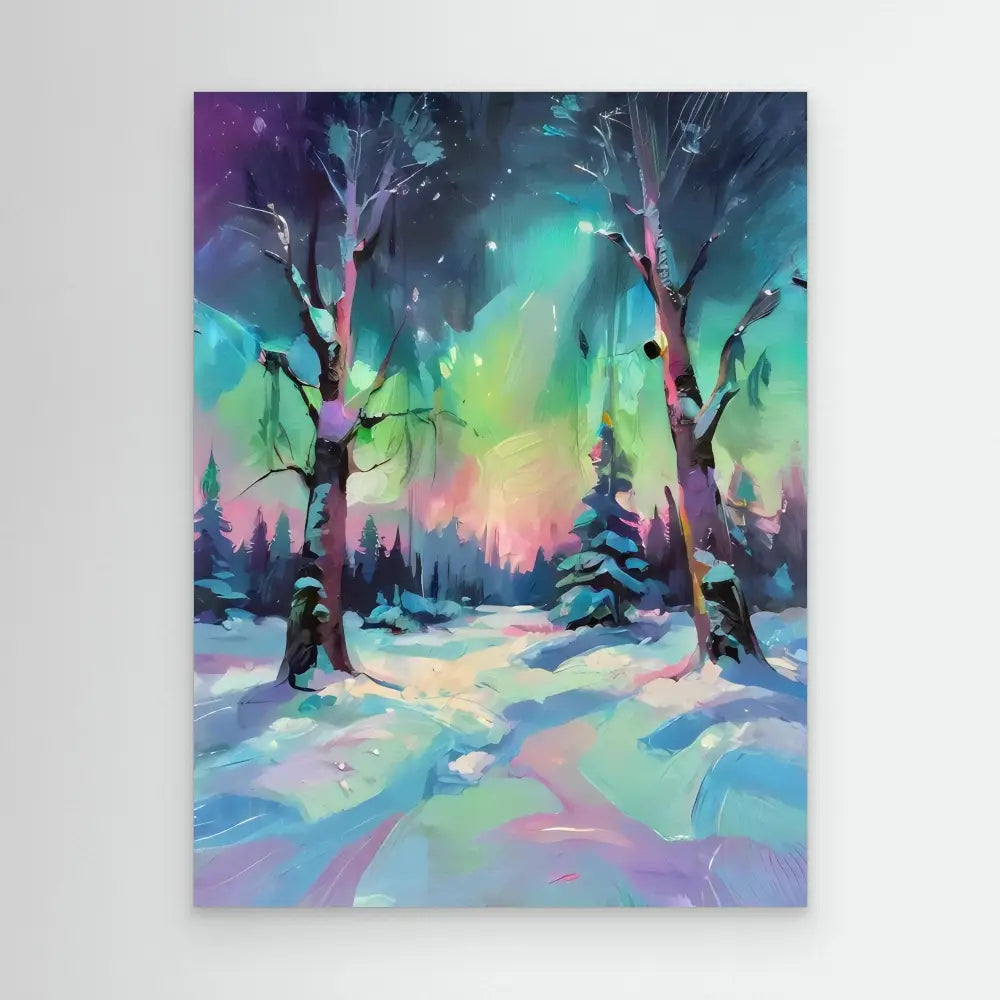 Colorful winter forest scene with snow-covered trees beneath an aurora-like sky.