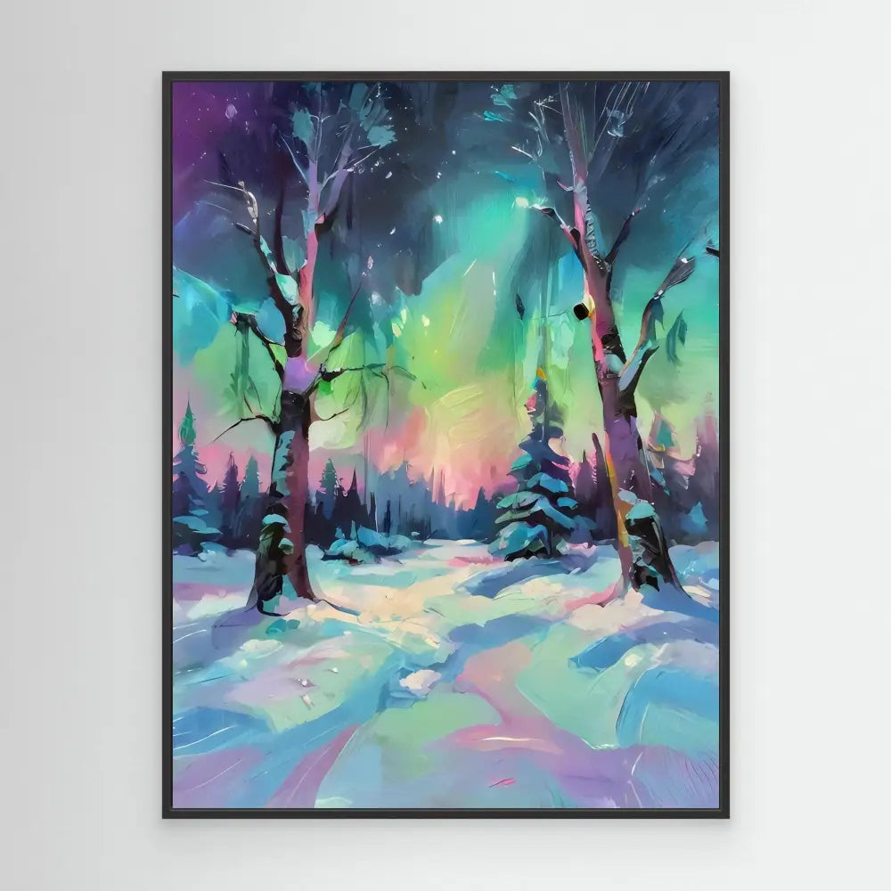 Colorful winter landscape painting featuring snow-covered trees beneath aurora-like skies.