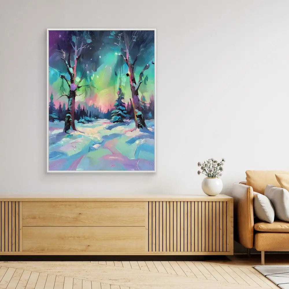 Colorful winter landscape painting featuring snow-covered trees against an aurora-like sky.