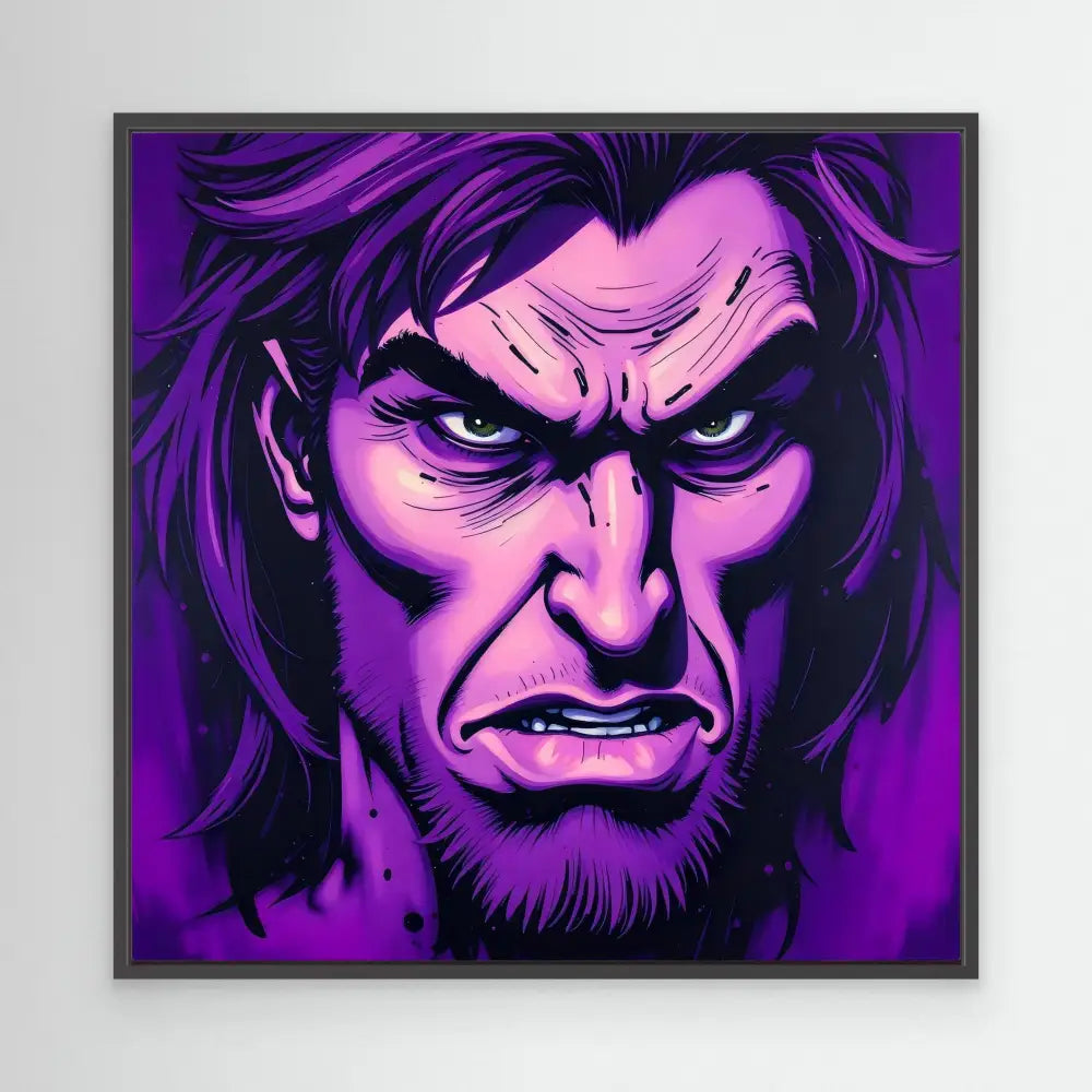 Comic-style portrait of Wolverine rendered in purple and black tones with an angry, intense expression.