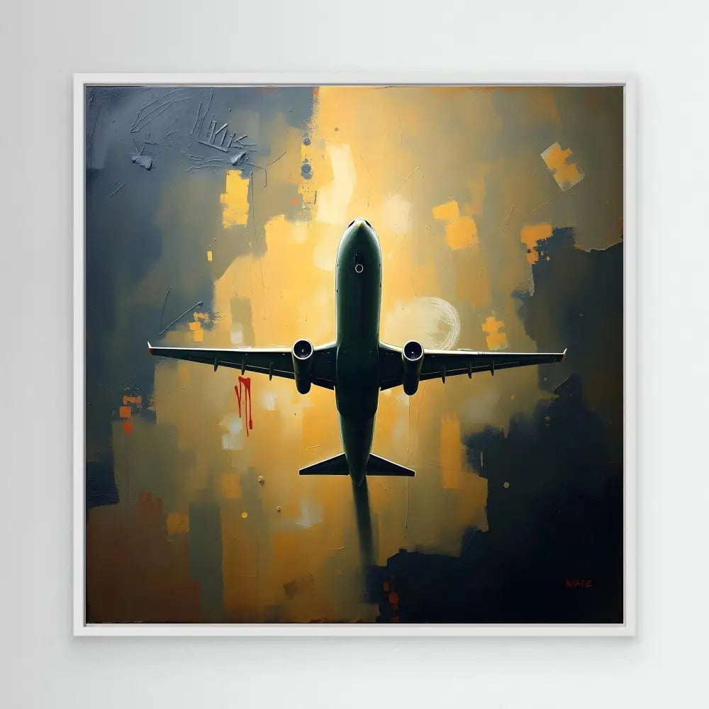 Commercial passenger aircraft silhouetted against a dramatic sky.